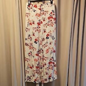 Worthington Floral Wide Leg Pants - Red and Black on Cream